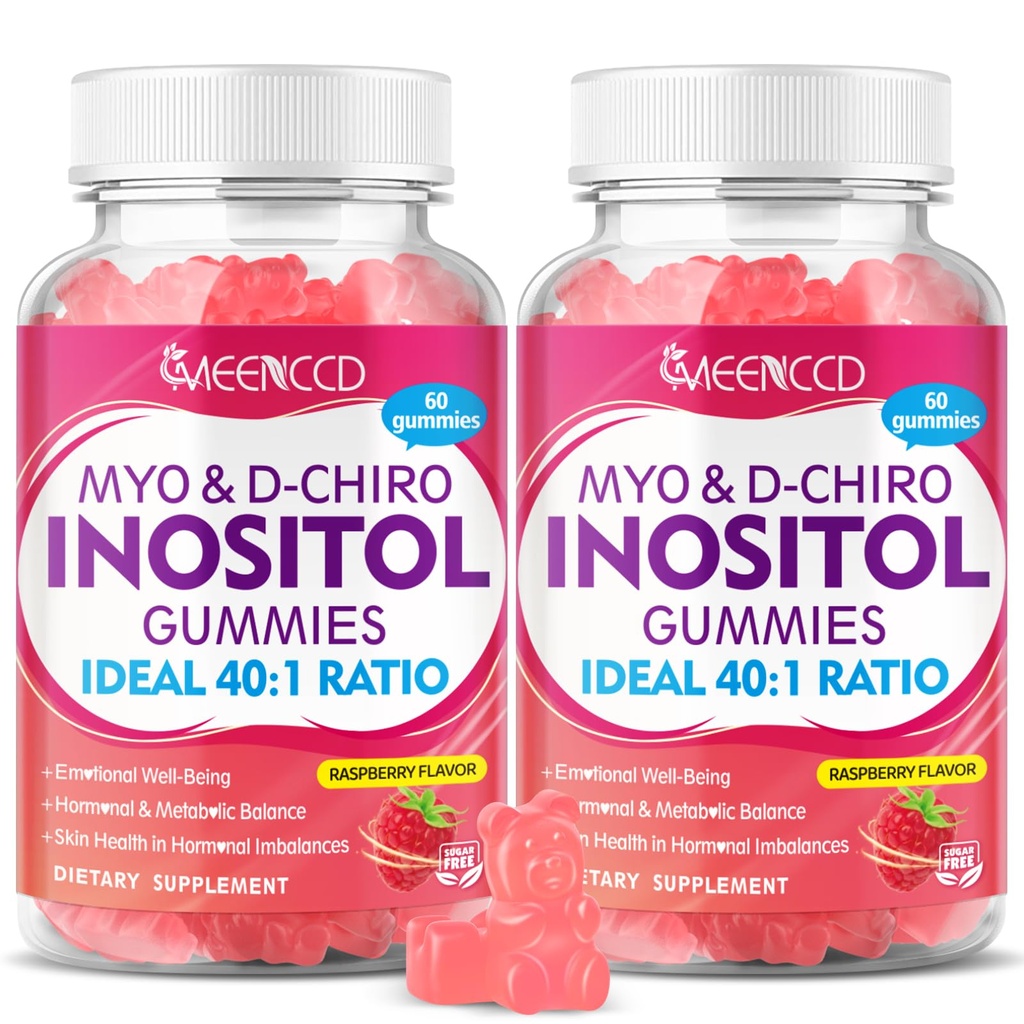 MEENCCD 2 Pack Myo-Inositol & D-Chiro Inositol Gummies, 40:1 Ratio Inositol with Vitamin D3, Magnesium Glycinate, Folate & Zinc, Inositol Supplement for Female Health, Raspberry Flavor, 120 Count