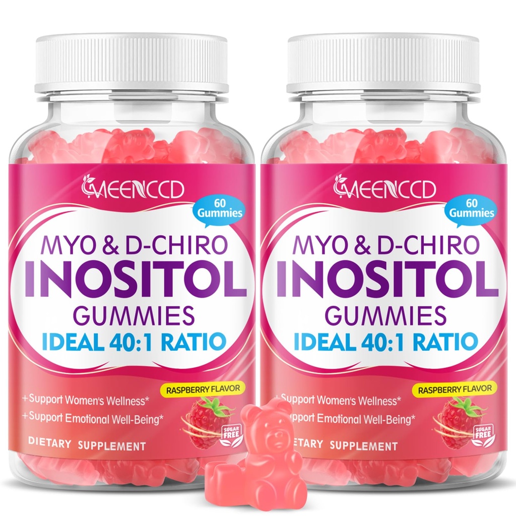 MEENCCD 2 Pack Myo-Inositol & D-Chiro Inositol Gummies, 40:1 Ratio Inositol with Vitamin D3, Magnesium Glycinate, Folate & Zinc, Inositol Supplement for Female Health, Raspberry Flavor, 120 Count