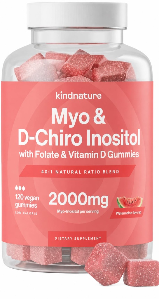 kindnature Myo-Inositol & D-Chiro Inositol Gummies for Women – 2000mg + 50mg, Ideal 40:1 Ratio – with Vitamin D & Folate – Hormone Balance & Fertility Support – Vegan, Watermelon Flavor (120 Gummies)