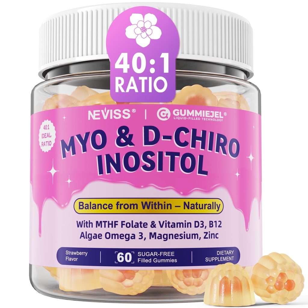 Myo-Inositol & D-Chiro Inositol Gummies, 40:1 Ratio Inositol Gummies Supplement w/ Omega 3, MTHF Folate, Magnesium, Vitamin D3, B12 & Zinc for Female Health & Wellness, 0g Sugar, Vegan, NO GMO, 60 Cts