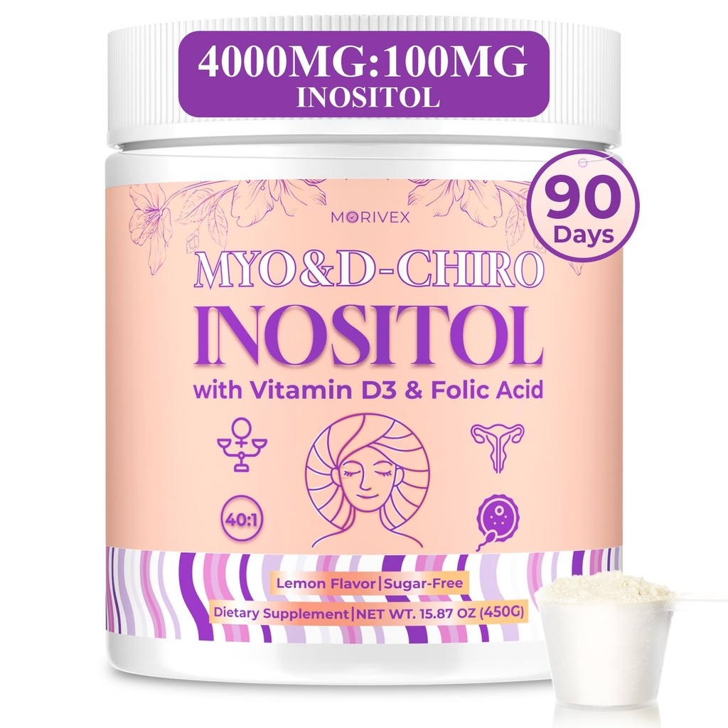 90-Day Myo-Inositol & D-Chiro Inositol Supplement for Women, Fertility Supplements Hormonal Balance for Women Ovarian Health Support, High 4000mg:100mg Inositol Powder with Folic Acid & Vitamin, Vegan