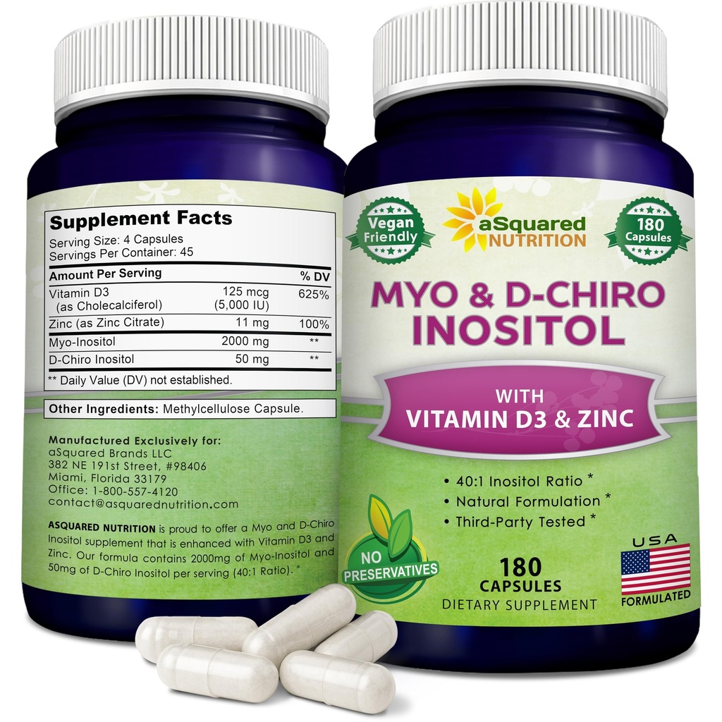 aSquared Nutrition Myo-Inositol & D-Chiro Inositol Supplement - 180 Capsules - Plus Vitamin D3 and Zinc - Myo & D-Chiro Inositol 40 to 1 Ratio - VIT B8 Complex Pills