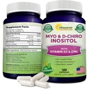 aSquared Nutrition Myo-Inositol & D-Chiro Inositol Supplement - 180 Capsules - Plus Vitamin D3 and Zinc - Myo & D-Chiro Inositol 40 to 1 Ratio - VIT B8 Complex Pills