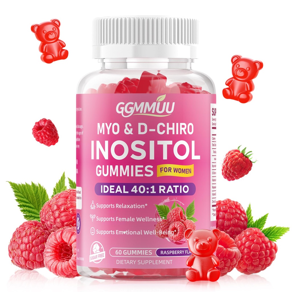 Myo-Inositol & D-Chiro Inositol Gummies for Women 1000mg + 25mg Ideal 40:1 Ratio with Vitamin D3, Magnesium Glycinate, Folate & Zinc for Female, Raspberry Flavor, 60 Count
