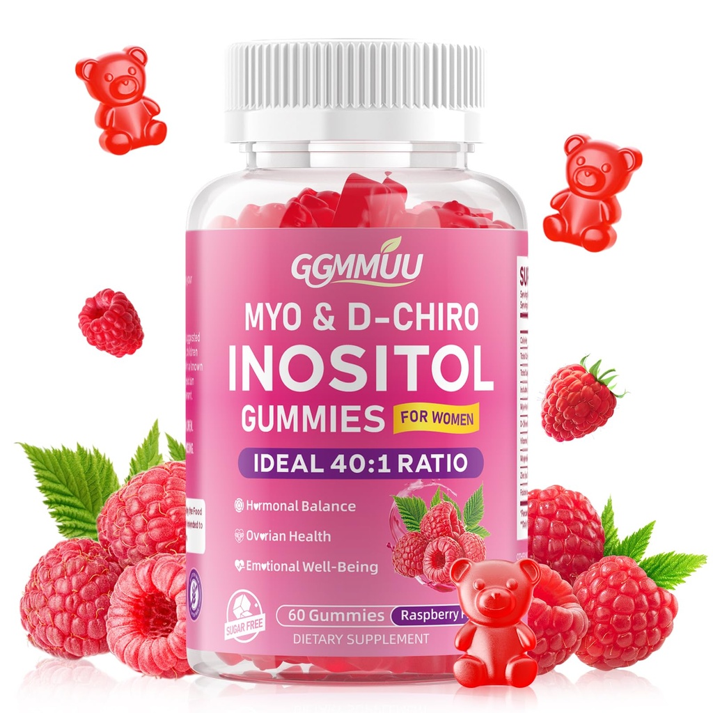 Myo-Inositol & D-Chiro Inositol Gummies for Women 2000mg + 50mg Ideal 40:1 Ratio with Vitamin D3, Magnesium Glycinate, Folate & Zinc for Female, Raspberry Flavor, 60 Count