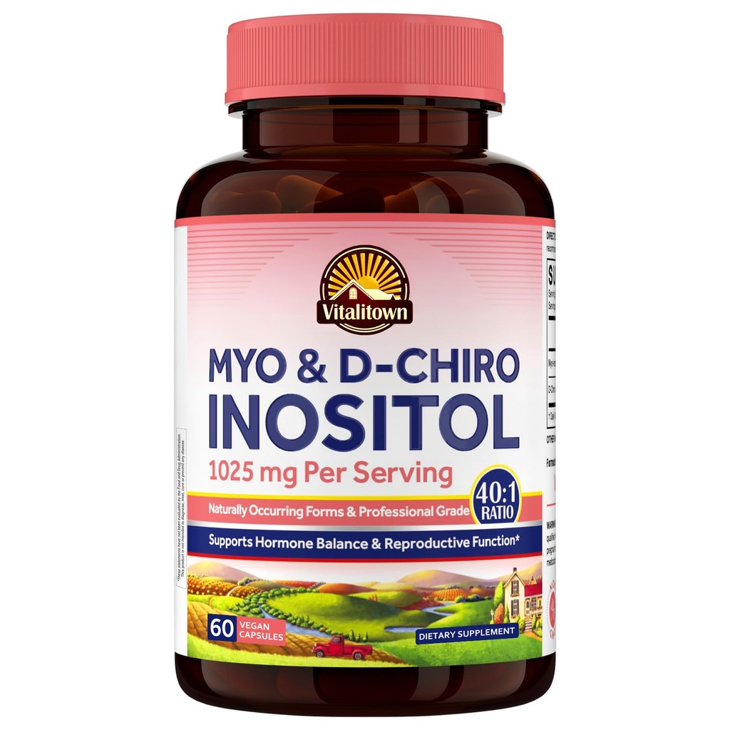 Vitalitown Inositol Supplement for Women, Myo-Inositol & D-Chiro Inositol, Ideal 40:1 Ratio, Hormone Balance & Healthy Ovarian Support for Women, Vitamin B8, Vegan, 60 Capsules, No Gluten