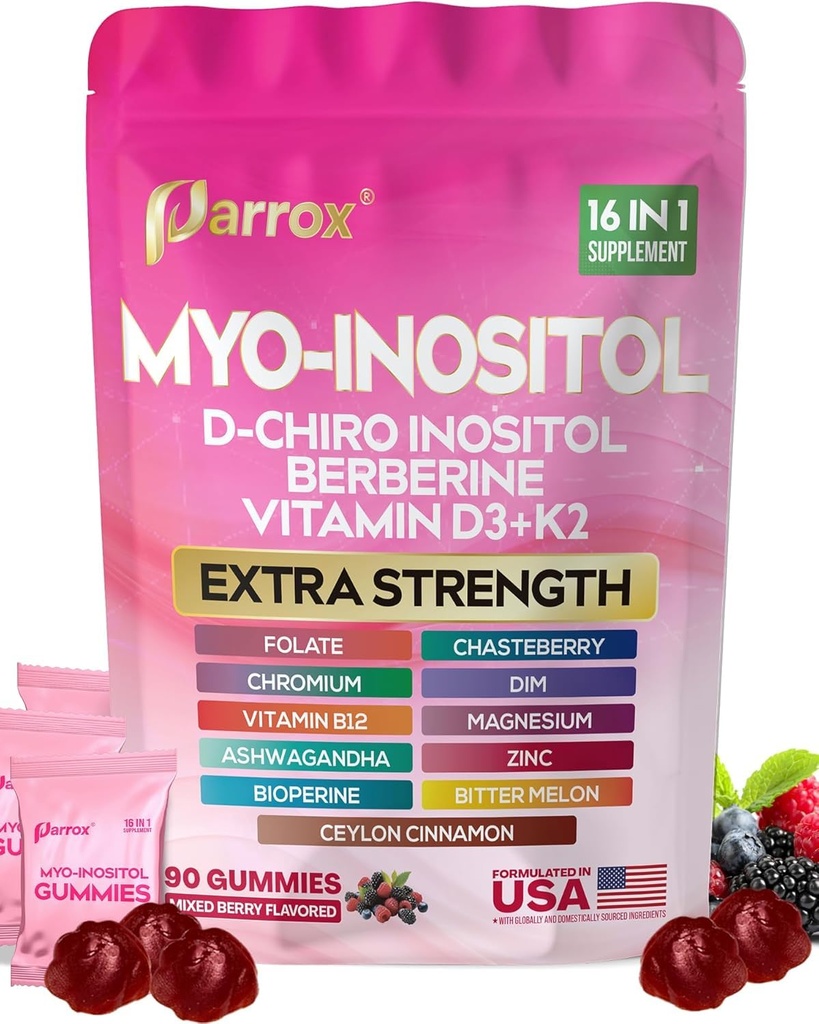 Myo-Inositol & D-Chiro Inositol Gummies with Berberine, Vitamins D3+K2, B12, Folate, Zinc, Magnesium, Ashwagandha, Chasteberry, Bioperine, DIM - 16 in 1 Supplement - Mixed Berry Flavor - 90 Gummies