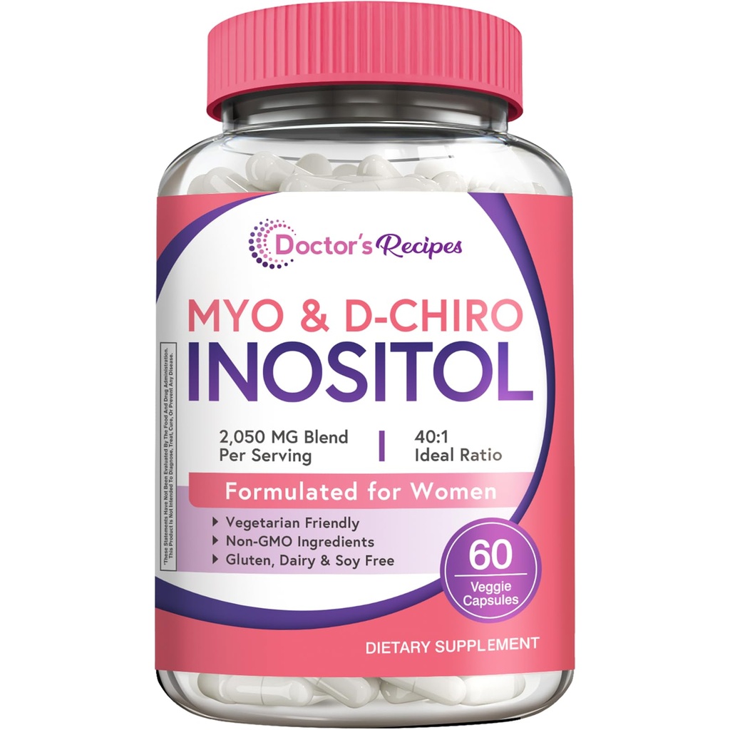 Doctor's Recipes Inositol Supplement for Women, Myo-Inositol & D-Chiro Inositol Capsules 2050mg per Serving, Ideal 40:1 Blend, 60 Vegan Caps