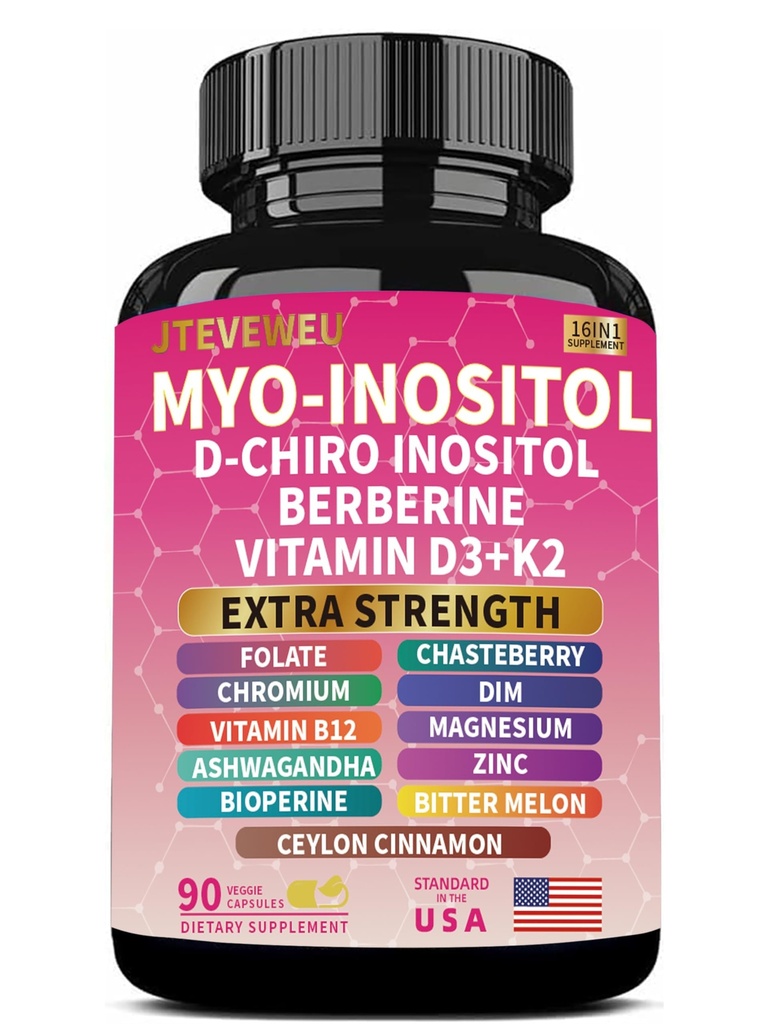 Myo Inositol Supplement - with D-Chiro Inositol, Folate, DIM, Vitamin D3, B12, K2, Chromium, Bioperine, Ceylon Cinnamon, Zinc, Ashwagandha, Berberine...Non-GMO, Gluten Free(90 Vegan Capsules)