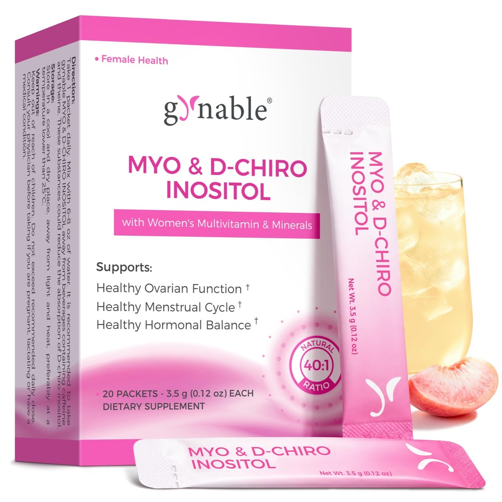 Gynable Myo-Inositol & D-Chiro Inositol Supplement for Women, 40:1 Ratio, Hormonal Balance & Ovarian Health Support, Fertility Wellness, Peach Drink Mix Stick Packets, 20 Servings