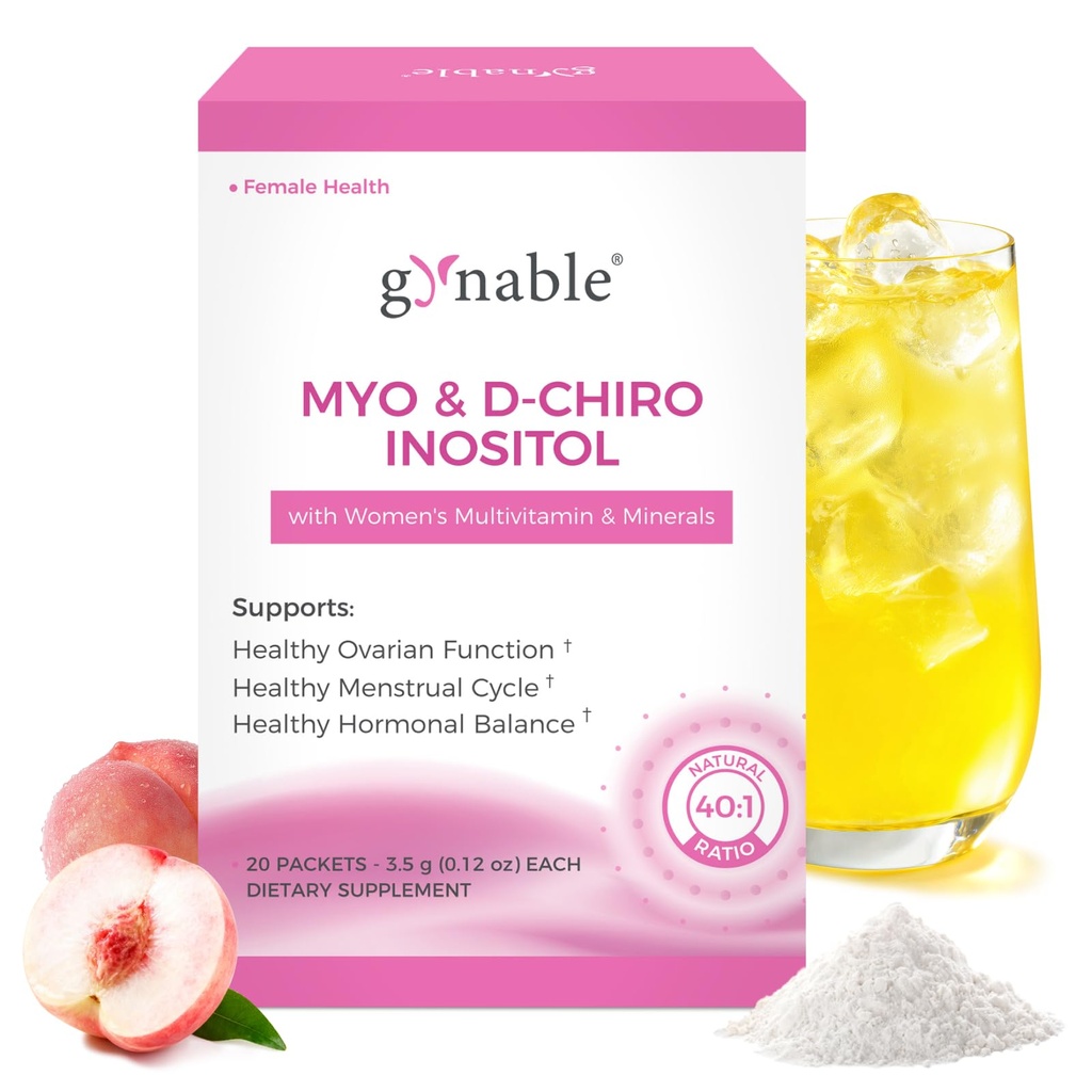 Gynable Pregina Myo-Inositol & D-Chiro Inositol Powder for Women - PCOS Fertility Support, Hormonal Balance, Regular Cycles | Patented Active Folic Acid, Vegan, Gluten-Free (30 Servings, Peach)