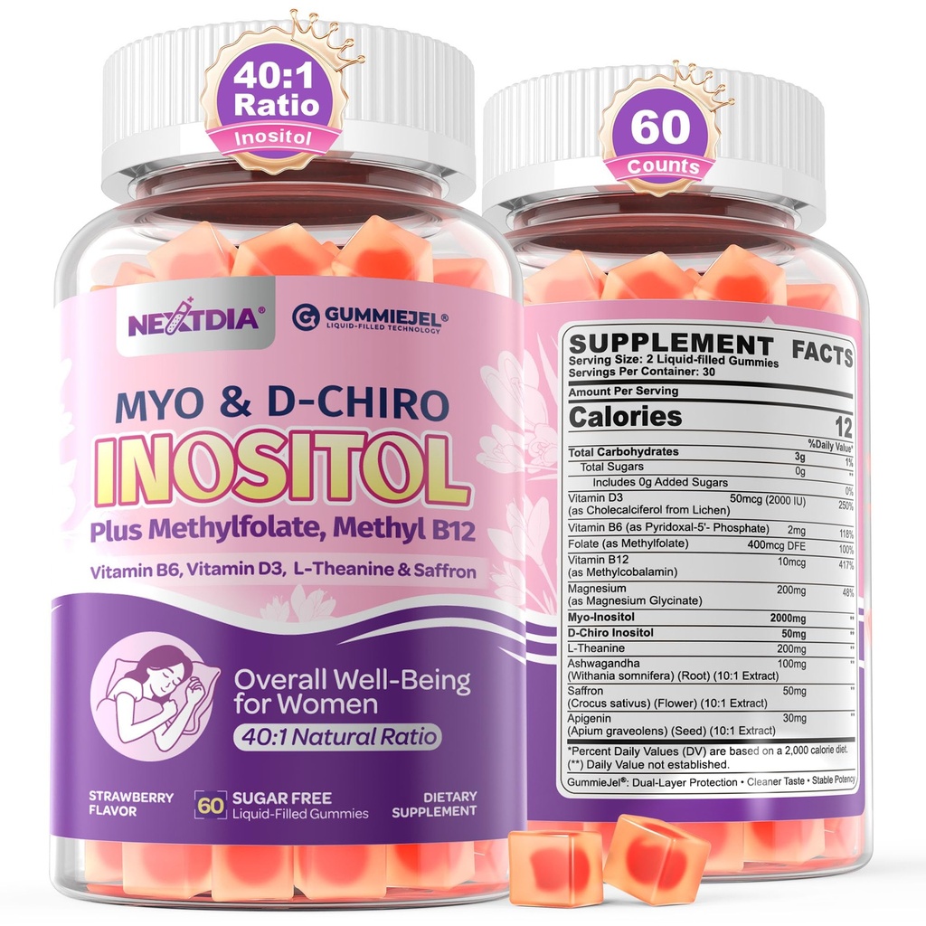 Women Sleep Gummies with Myo-Inositol & D-Chiro Inositol + Saffron, MTHF Folate, Vitamin B6 & B12, 40:1 Ratio Myo Inositol Supplement for Hormone Balance, Mood, PCOS & Ovarian, Sugar Free, 60Cts