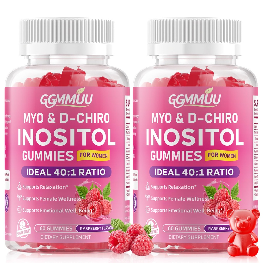 2 Pack Myo-Inositol & D-Chiro Inositol Gummies for Women 1000mg + 25mg Ideal 40:1 Ratio with Vitamin D3, Magnesium Glycinate, Folate & Zinc for Female, Raspberry Flavor, 120 Count
