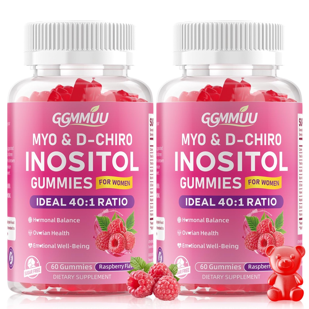 2 Pack Myo-Inositol & D-Chiro Inositol Gummies for Women 2000mg + 50mg Ideal 40:1 Ratio with Vitamin D3, Magnesium Glycinate, Folate & Zinc for Female, Raspberry Flavor, 120 Count