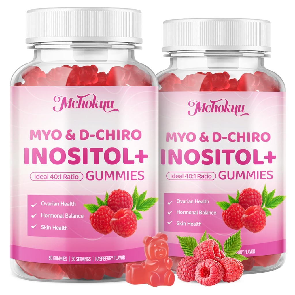 Myo-Inositol & D-Chiro Inositol Gummies, Ideal 40:1 Ratio Supplement for Women with Vitamin D3 & B12 for Support Hormonal Balance & Wellness, Sugar Free, Raspberry, 120 Count