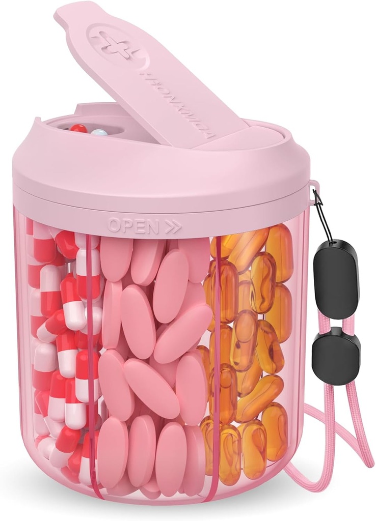Pill Dispenser με 7 μεγάλα διαμερίσματα, 4,4" H x 3,6" Dia Pill Organizer για ταξίδια, συμπλήρωμα Organizer με Anti-Mixing Design, BPA-free Pill Container με 20 ετικέτες, ροζ