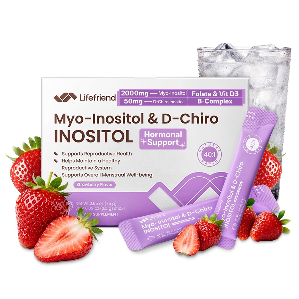 Myo-Inositol & D-Chiro Inositol Powder 40:1 - Inositol Supplement for Women, PCOS & Hormonal Balance Support - Folate, D3-30 Strawberry Stick Packs