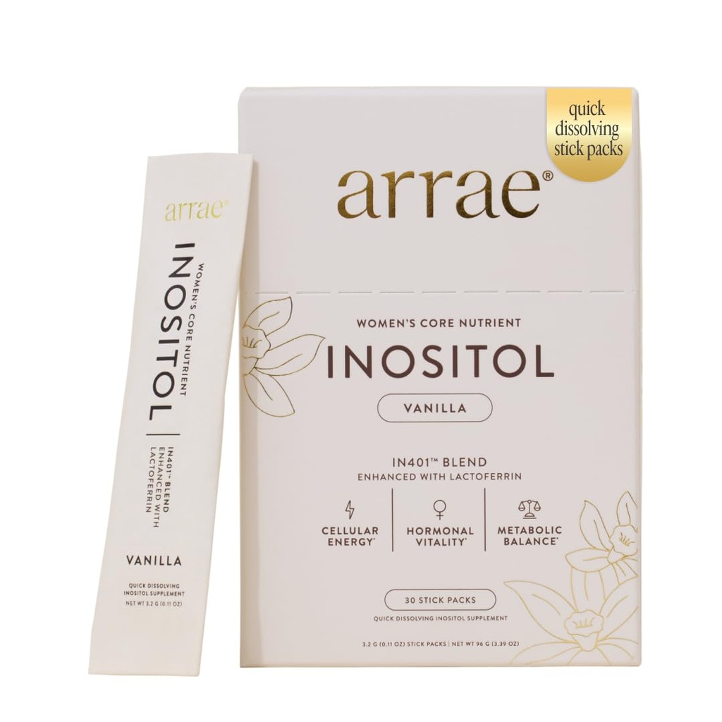 Arrae Inositol Supplement for Women - Supports Healthy Hormonal Balance, Regular Cycles, & Ovarian Health - 40:1 Myo & D-Chiro Raton with Lactoferrin & Folate - Vanilla Flavor - 30 Pack