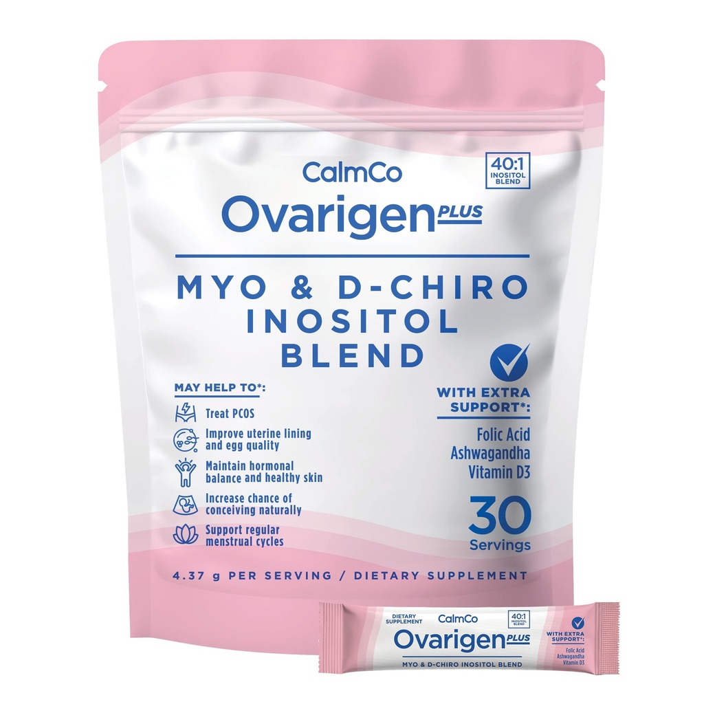 CalmCo Ovarigen Plus Myo-Inositol & D-Chiro Inositol Supplement for Women – 40:1 Powder with Folic Acid, Ashwagandha & Vitamin D3, Fertility Supplements for PCOS, Ovarian Support (30 Sachets)