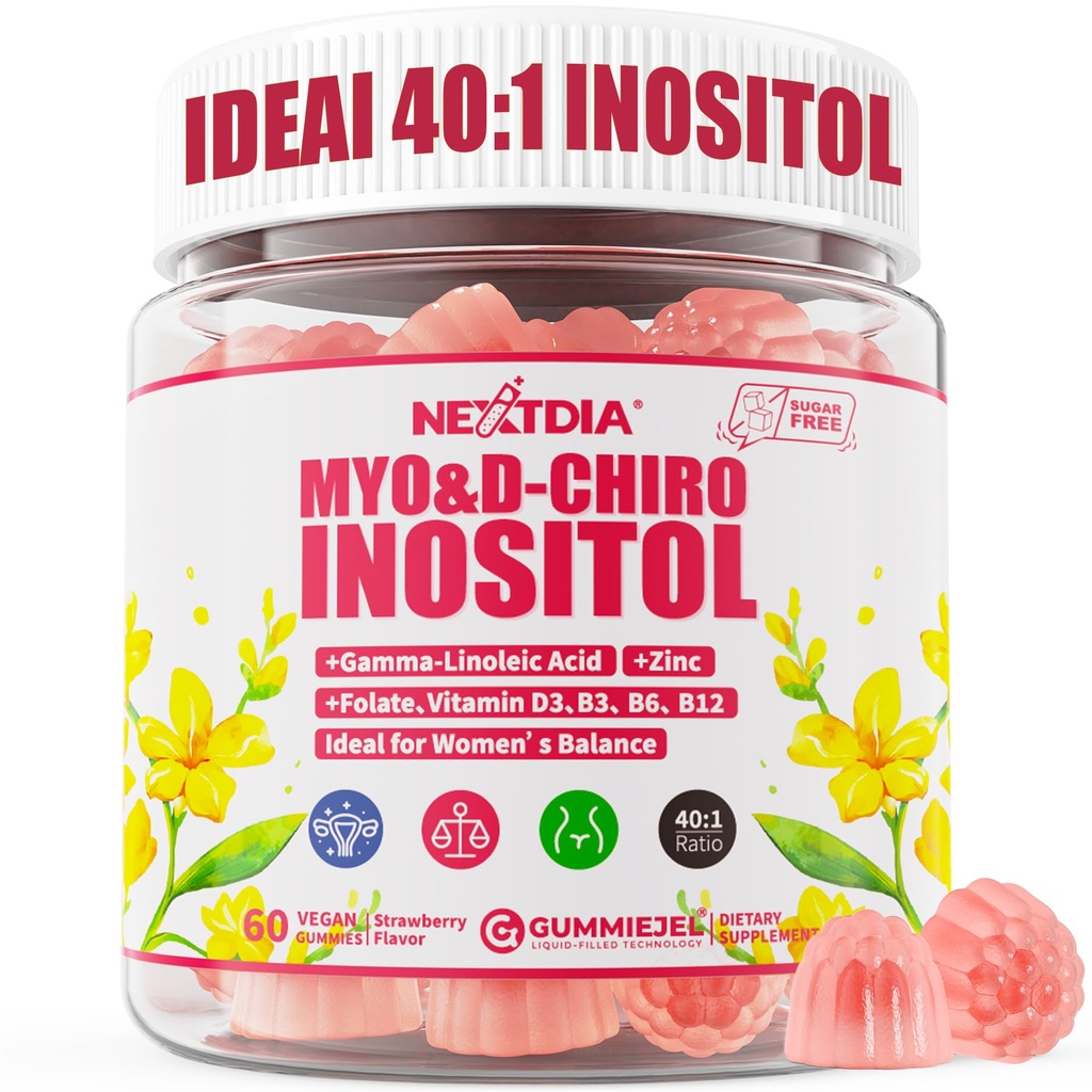 Inositol Gummies with Evening Primrose Oil for Women - 40:1 Ratio Myo-Inositol 2000mg & D-Chiro Inositol 50mg with Vit D3 B6 B12 & Zinc, Sugar-Free for Female Natural Balance & Wellness, Vegan (60ct)