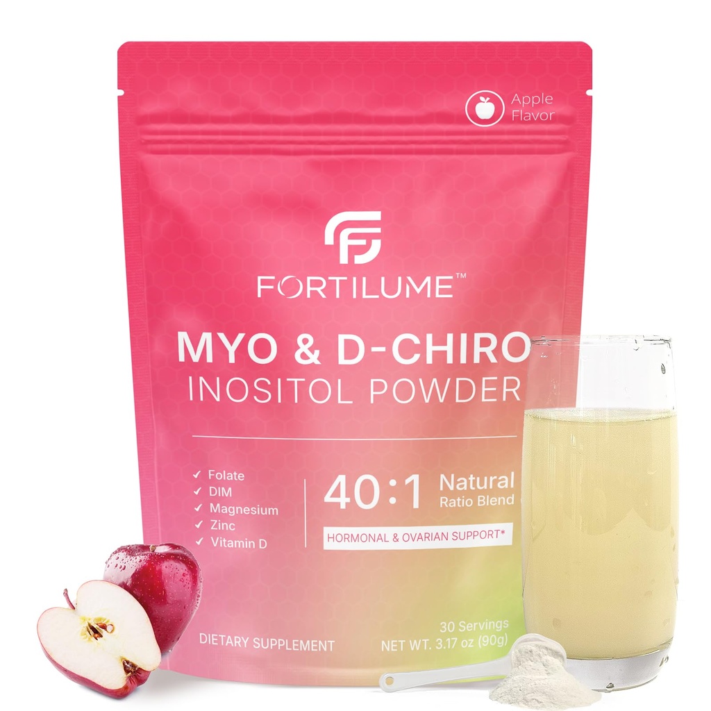 Myo & D-Chiro Inositol Powder 40:1 Ratio for Women's Hormone Balance & Ovarian Support - with Folate, DIM, Zinc, Magnesium Glycinate & Vitamin D3 - Apple Flavor, 30 Servings