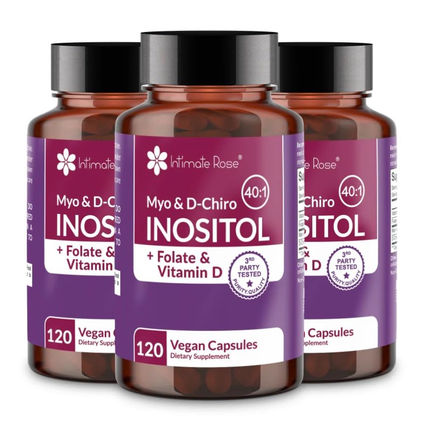Intimate Rose Myo-Inositol & D-Chiro Inositol Supplement with Folate and Vitamin D - Support Hormonal Balance, Regular Cycles and Ovarian Health - 30-Day Supply - 40:1 Ratio Capsules (Pack of 3)