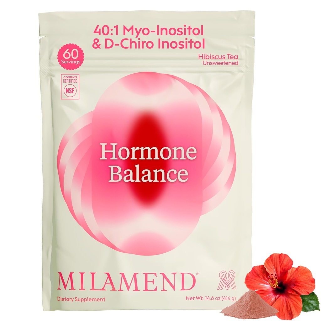 milamend Hormone Balance for Women 40:1 Myo-Inositol D-Chiro Inositol Supplement + CoQ10, ALA, & Amino Acids‚ PCOS, Ovarian & Cycle Support‚ Unsweetened Hibiscus Tea Powder‚ 60 Servings