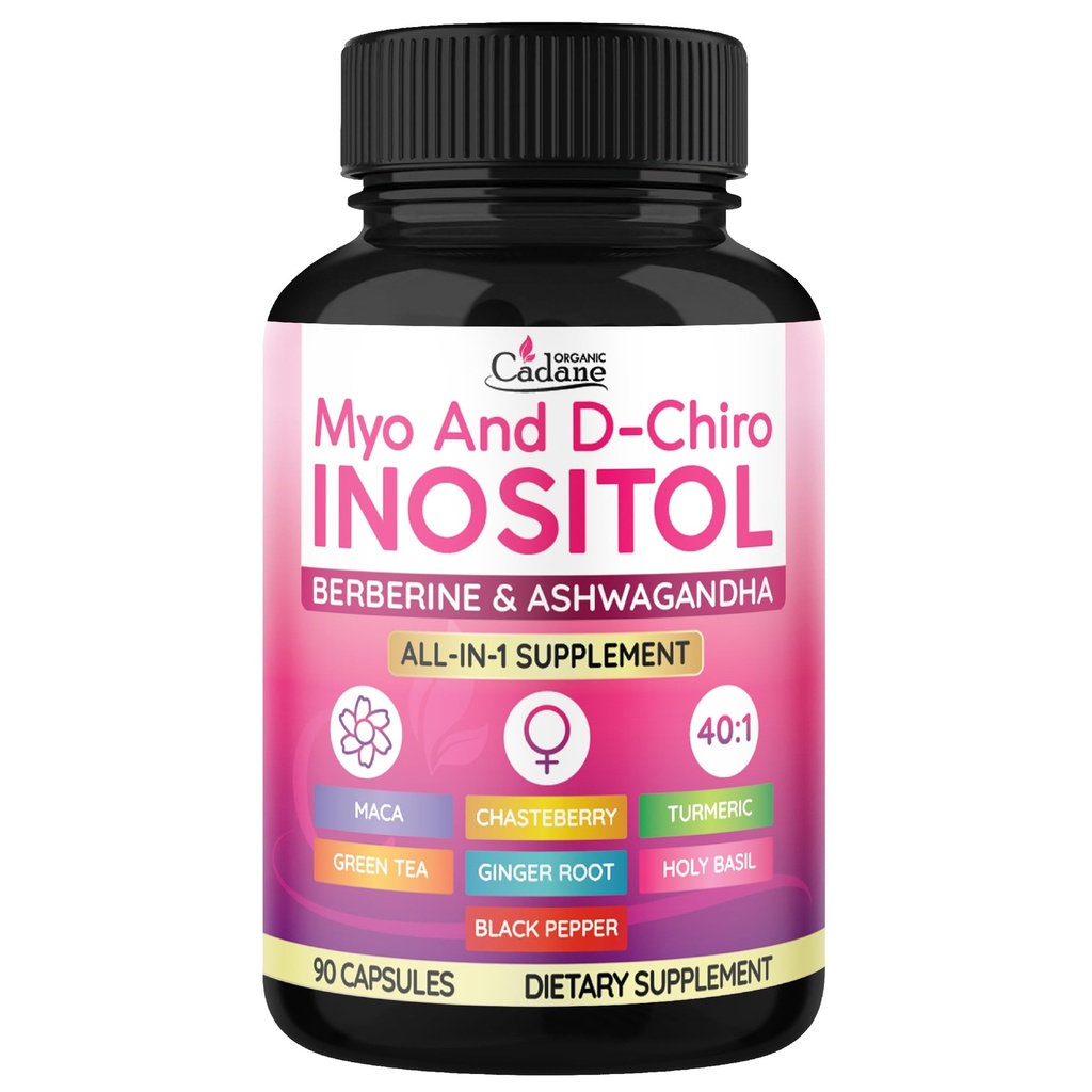 Organic Cadane Myo and D-Chiro Inositol Capsules for Women | with Berberine, Ashwagandha, Maca, Chasteberry & 6 More | Cycle Regularity, Body Management | Vegan, Non-GMO - 90 Capsules