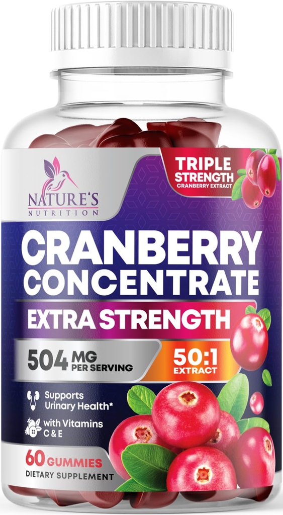 Cranberry Gummies 50:1 Cranberry Extract - Ουροκολλητική υποστήριξη Made with 25,000mg, Helps Cleanse & Protect, Cran Berry Gummy συμπλήρωμα + βιταμίνη C, Μασώμενα χάπια Cran για γυναίκες - 60 Gummies