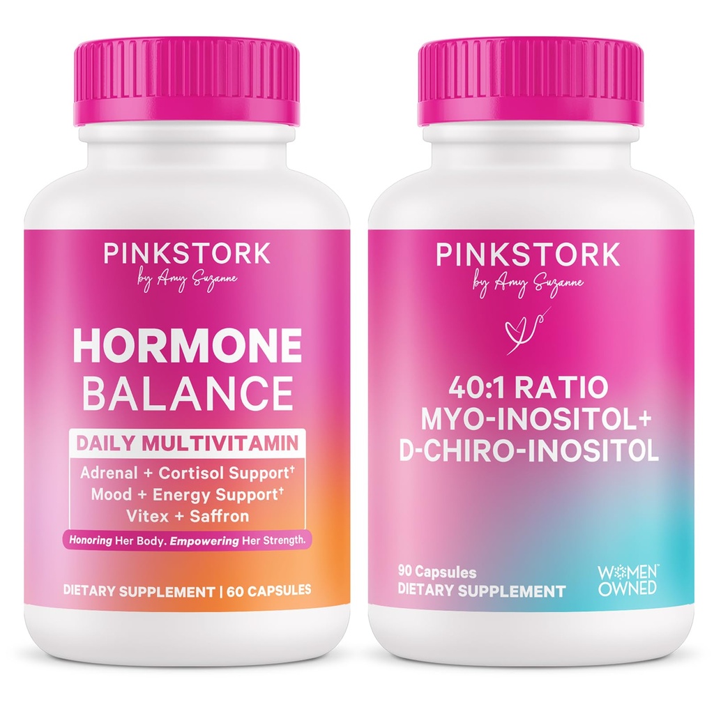Pink Stork Fertility Hormone Support for Women | Myo-Inositol & D-Chiro Inositol 40:1 Ratio + Hormone Balance Multivitamin with Vitex, B Vitamins & Iron | Ovarian Health & Energy