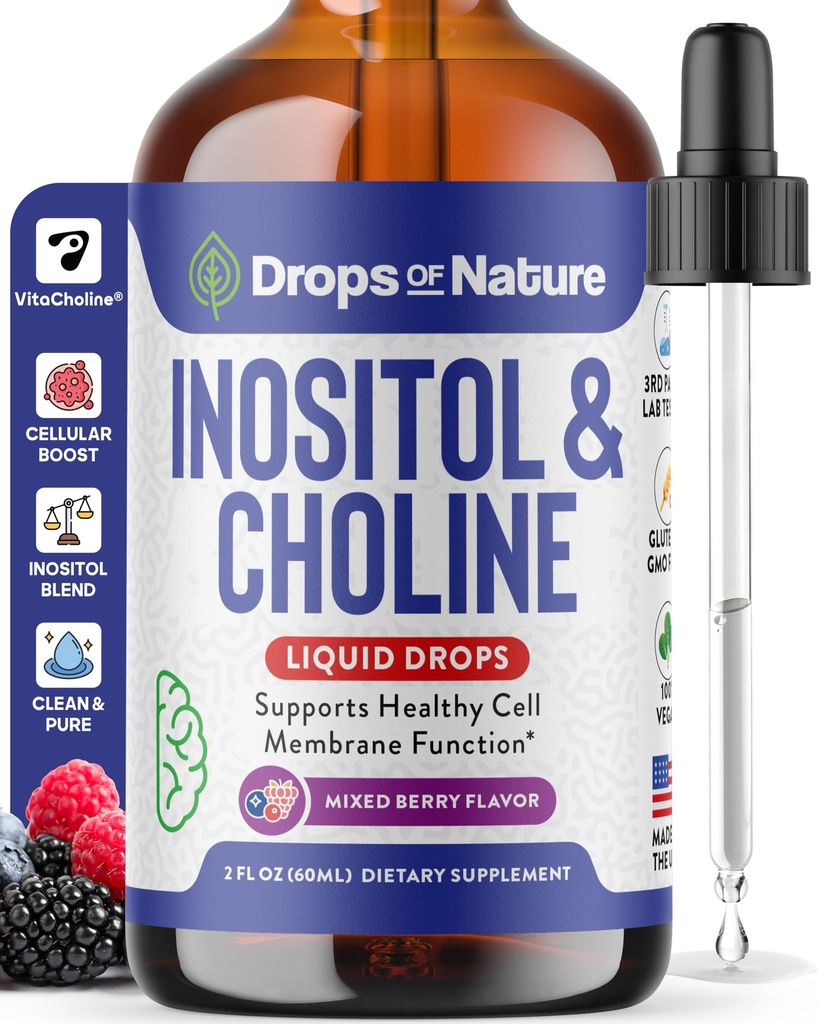 Inositol & Choline Liquid Drops – Vegan, Non-GMO, Easy-to-Take – Enhanced Absorption Inositol Supplement – Prenatal Vitamins for Women – Supports Cellular Health & Overall Wellness (Mixed Berry, 60ml)