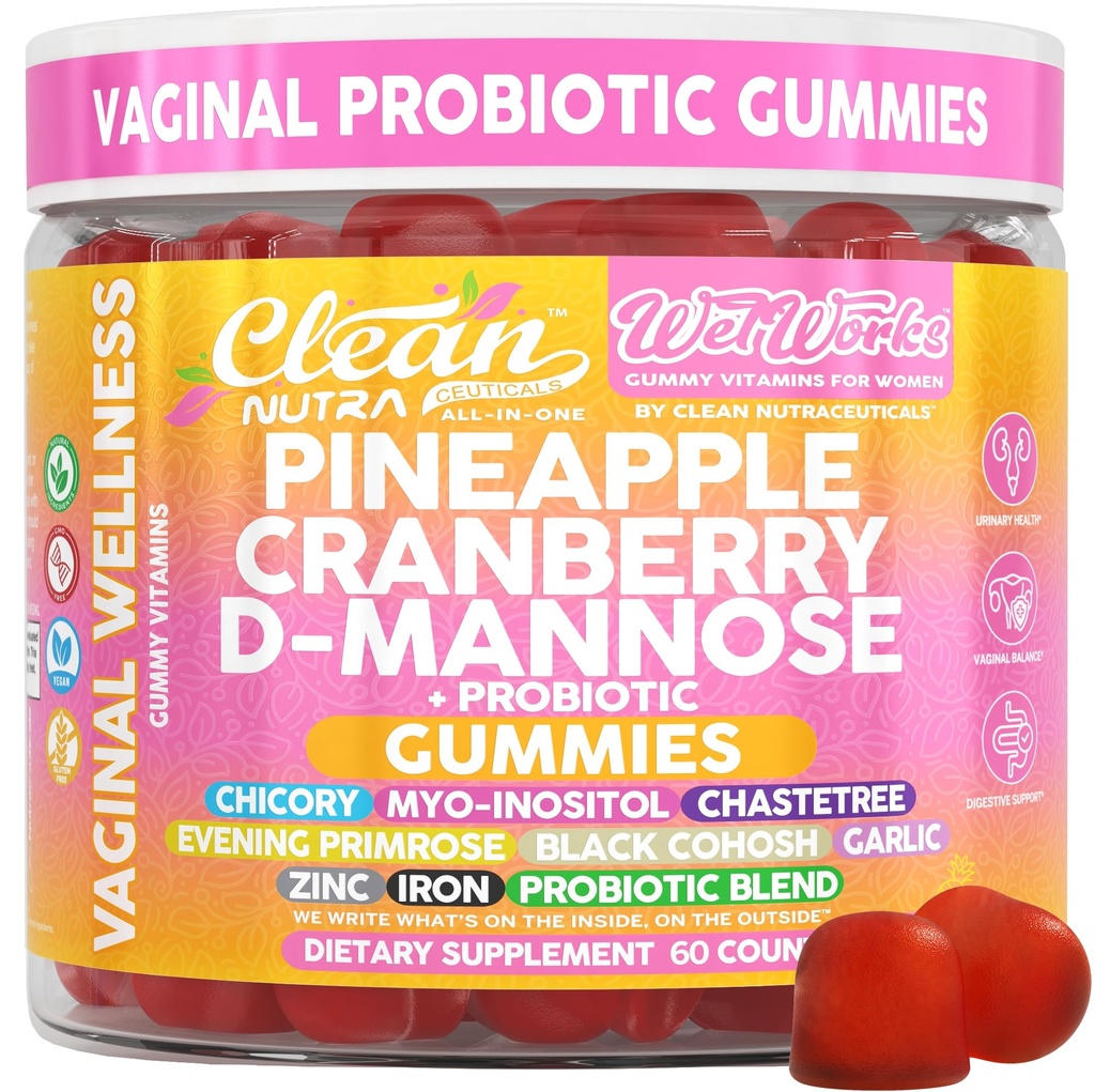 Wet Works Women's Vaginal Probiotic Gummies Pineapple Cranberry Folic Acid D-Mannose Vitamin C Chicory Myo Inositol Garlic Black Cohosh Zinc Iron Evening Primrose Chastetree 60 Count by Clean Nutra