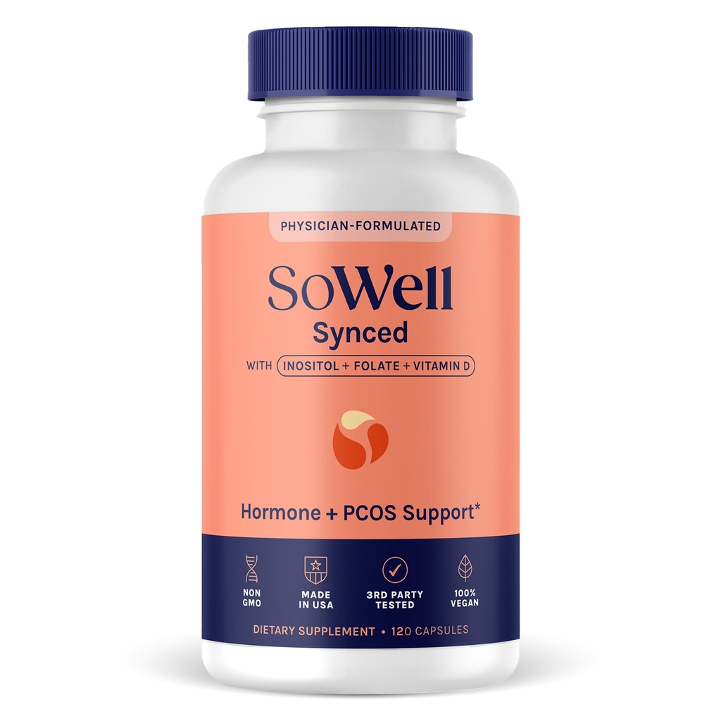 SoWell Synced Women’s Hormone Balance Supplement with Inositol, Vitamin D, and Folate for PCOS & Menstrual Cycle Support, 120 Capsules