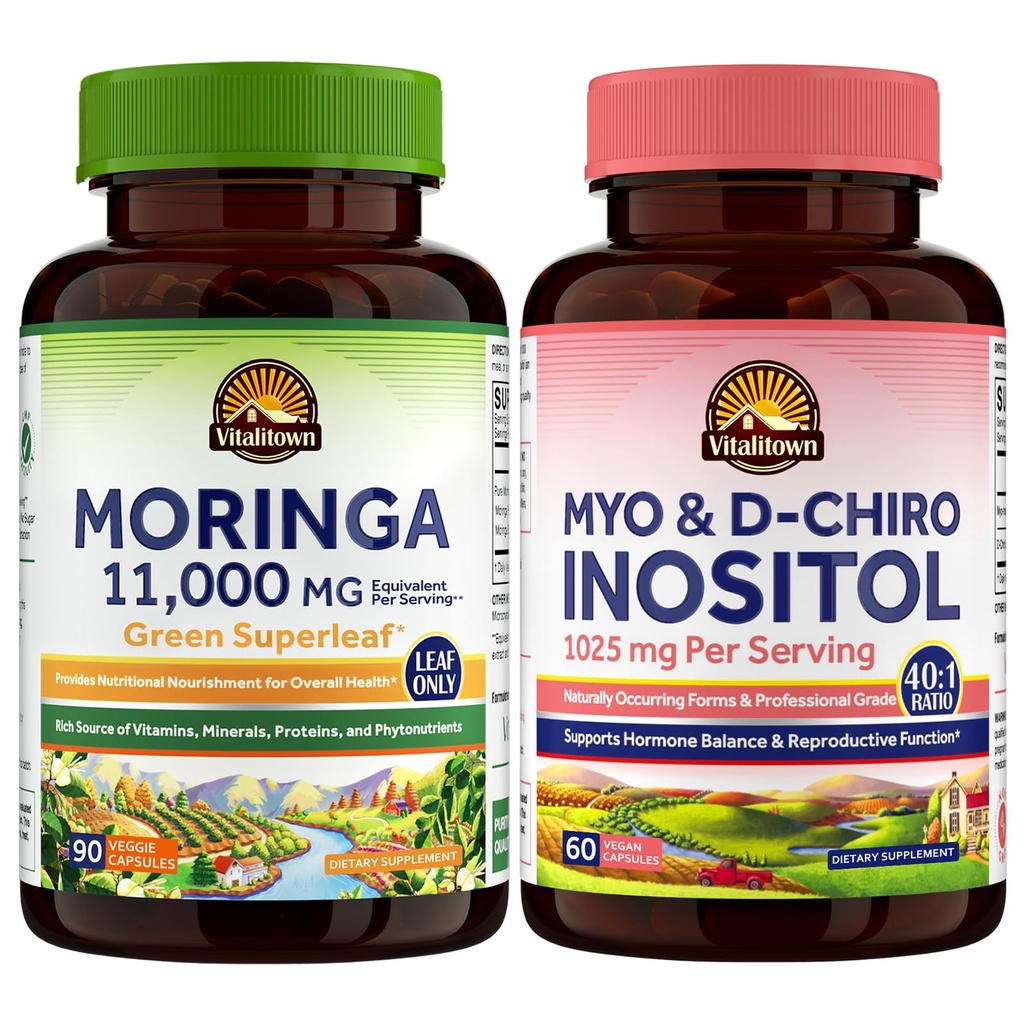 Vitalitown Moringa & Inositol Bundle - Moringa Capsules 11,000 MG + Myo-Inositol & D-Chiro for Women, Energy Boost, Immune Support & Hormone Balance, Vegan Supplements, 150 Capsules Total