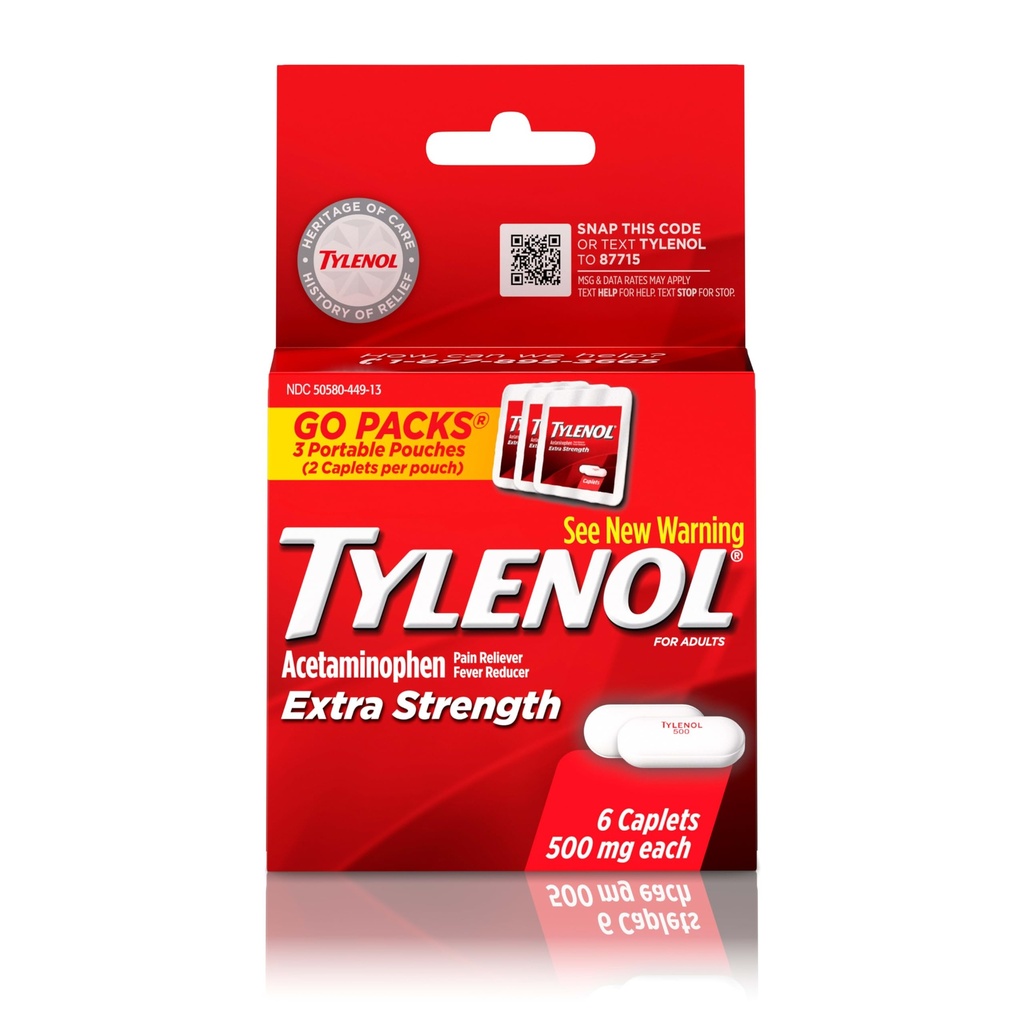 Tylenol Extra Strength 500 mg Acetaminophen Caplets, Pain Reliever & Fever Reducer, Acetaminophen for Minor Arthritis Pain, Headache, Backache & Menstrual Pain Relief, Travel Size, 6 Ct