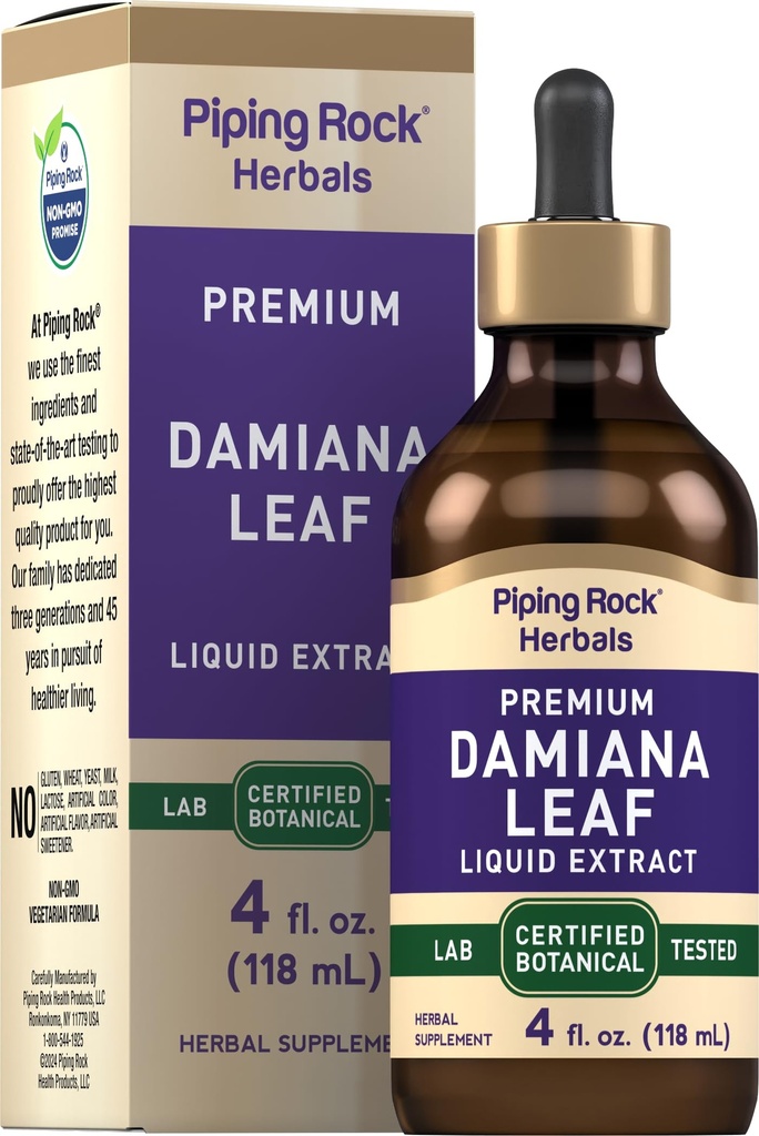 Piping Rock Damiana Leaf Herb Tincture | 4 fl oz | Liquid Extract Drops | Vegetarian & Alcohol Free | Non GMO, Gluten Free Supplement