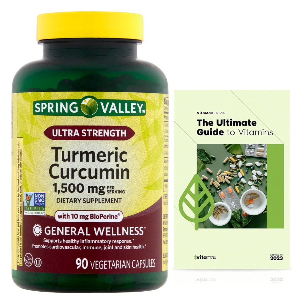 Generic Spring Valley Ultra Strength Turmeric Curcumin Dietary Supplement (Turmeric Curcumin 1,500 mg, 90 Capsules) + Exclusive Vitamax Vitamin Guide (2 Items)