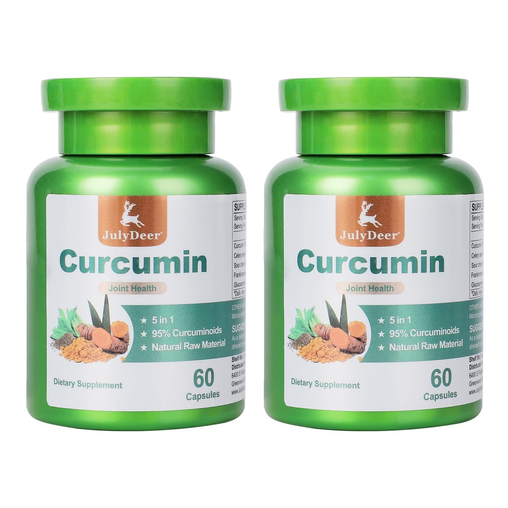 JulyDeer Curcumin Turmeric Complex 2 Bottles with Celery Seed, Sour Cherry, Frankincense Extract, Glucosamine, 95% Curcuminoids for Joint Health, Antioxidant, Immunity Support - 120 Capsules