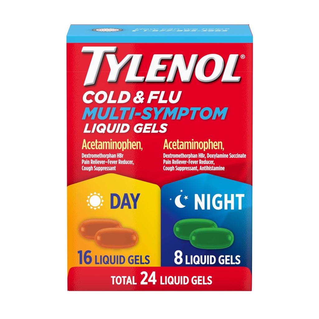 Tylenol Day & Night Cold & Flu Multi-Symptom Liquid Gels Combo Pack, Cold & Flu Relief Medicine, Pain Reliever & Fever Reducer + Cough Suppressant & Antihistamine, 24 ct