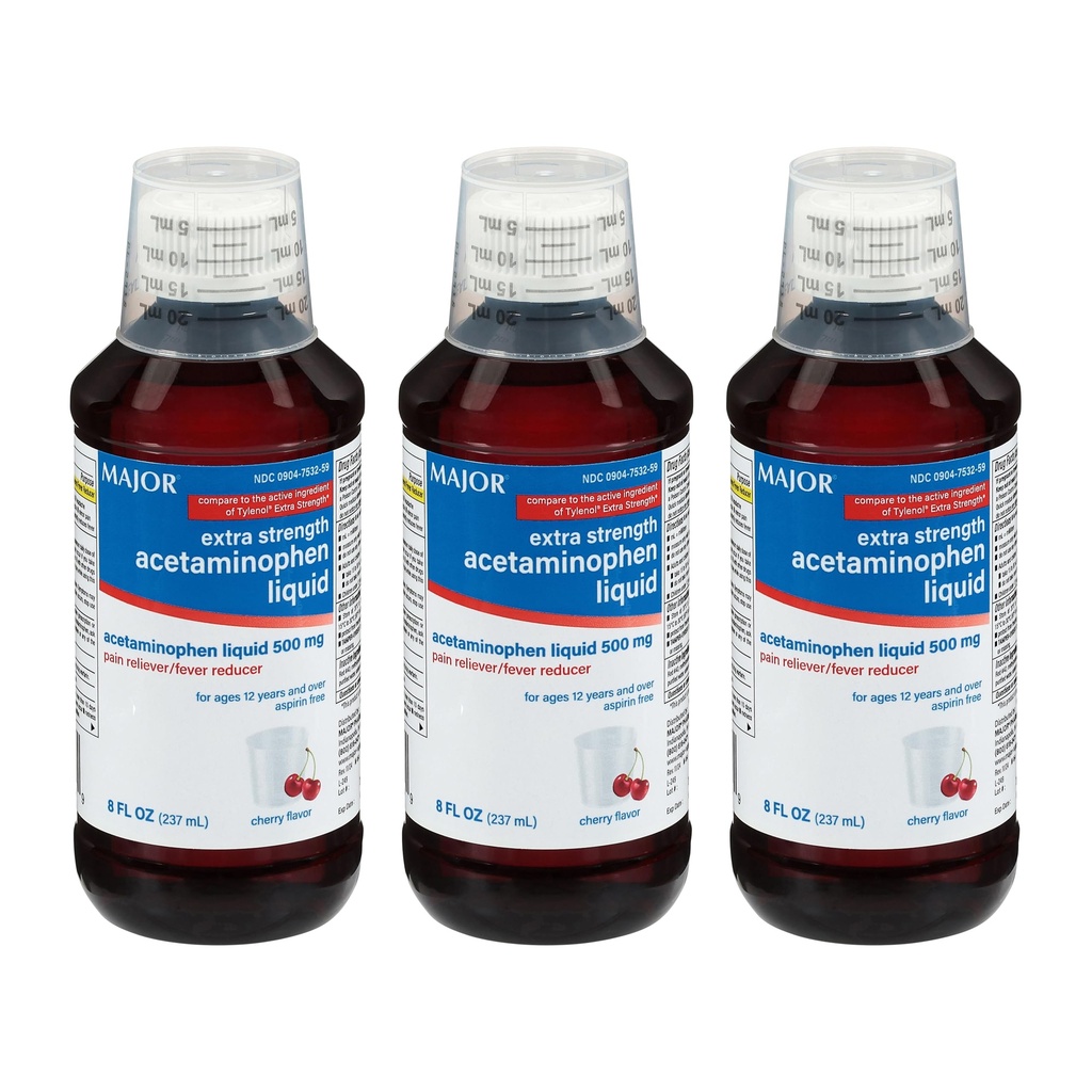 MAJOR Adult Extra Strength Liquid Acetaminophen 500mg - Helps Relieve Pain and Reduce Fevers - Aspirin Free - Cherry Flavor - 8 Fl Oz (3 Pack)
