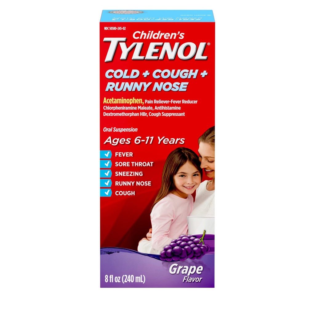 Children's Tylenol Cold + Cough + Runny Nose, Acetaminophen, 8 fl. oz | Pain & Fever Relief, Chlorpheniramine Maleate, Antihistamine, Dextromethorphan HBr, Cough Suppressant