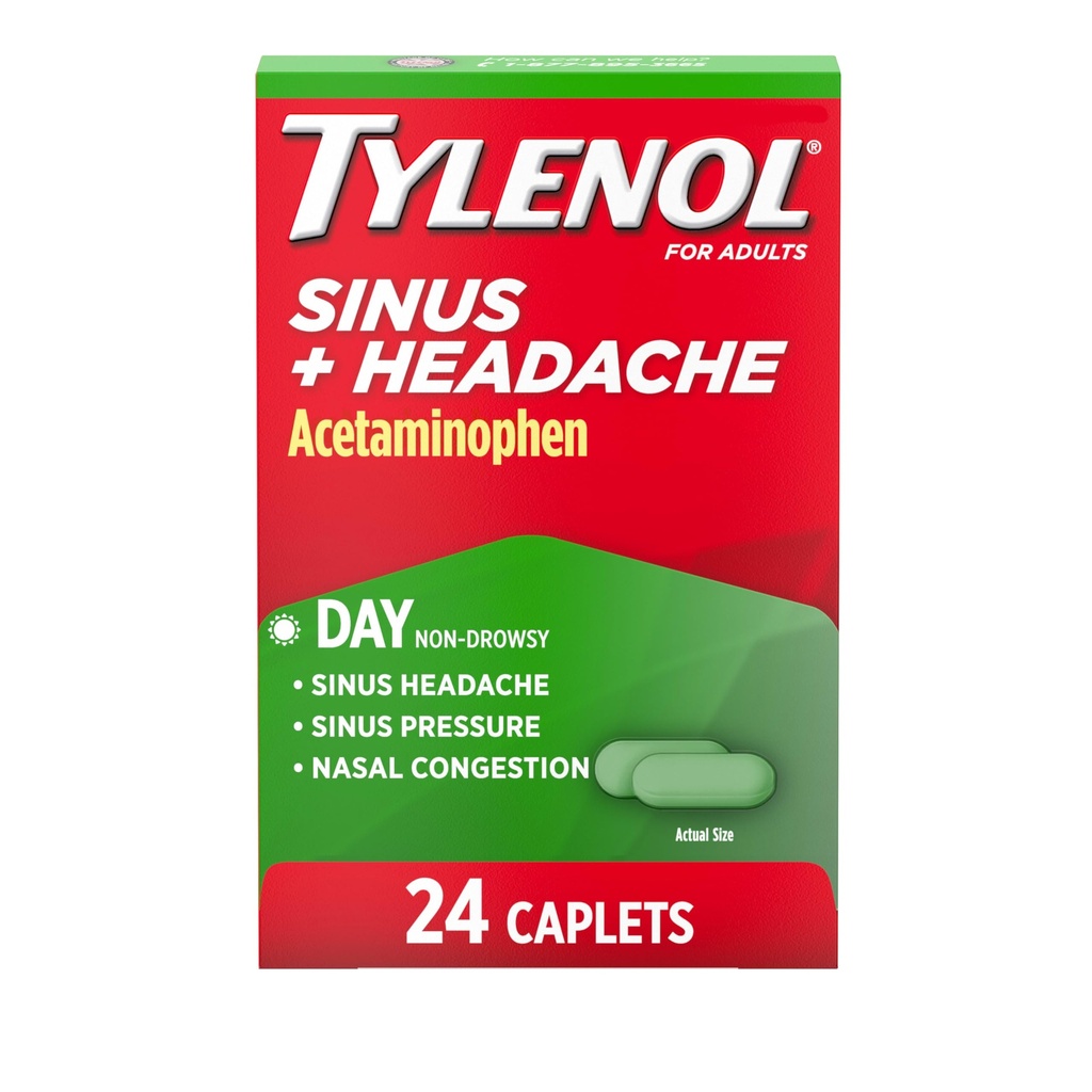 Tylenol Sinus + Headache Daytime Non-Drowsy Relief Caplets, Acetaminophen 325mg, Nasal Decongestant for Sinus Pressure, Headache & Nasal Congestion Relief, 24 ct
