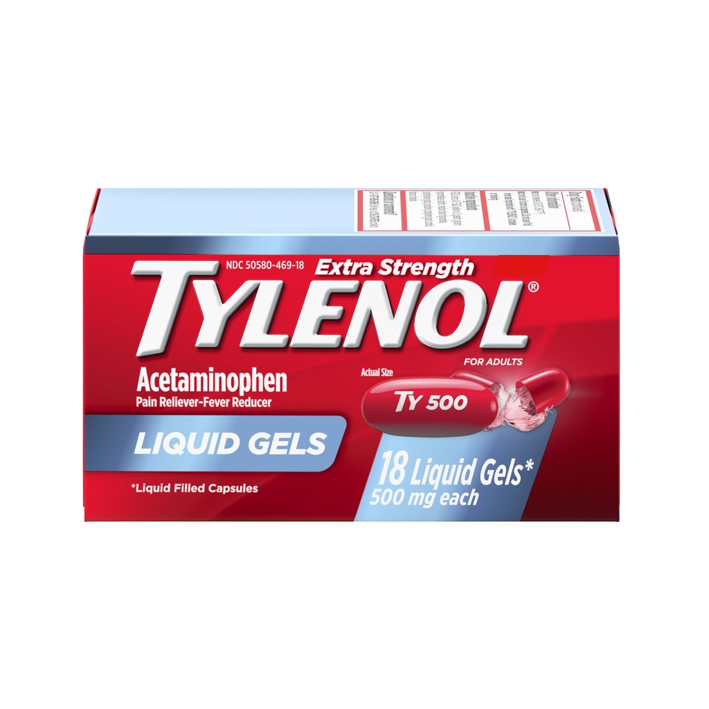 Tylenol Extra Strength Acetaminophen Liquid Gels, 500 mg per Gel, Strong, Fast Pain Relief Capsules, Fever Reducer, Gentle on Stomach, Relieve Headache Pain, Backache and Muscle Aches,18 Count