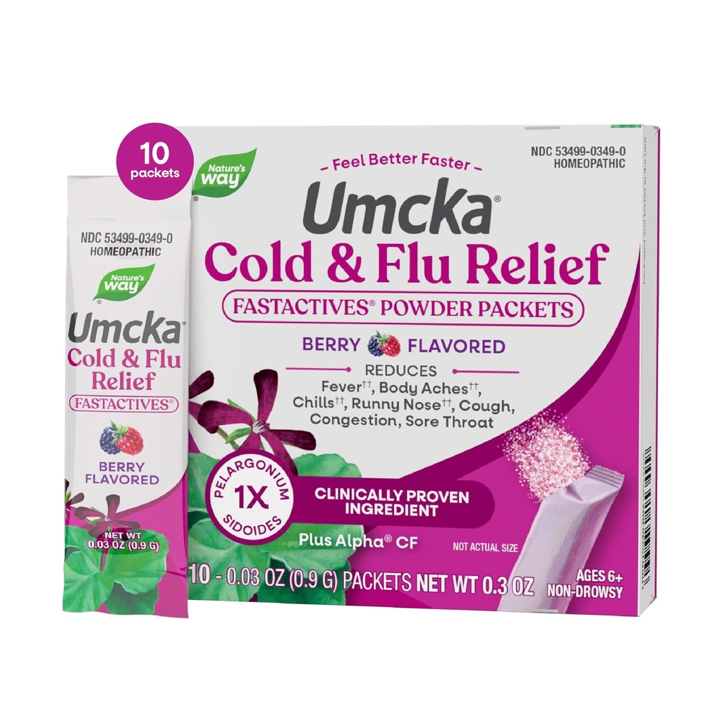 Nature's Way Umcka Cold and Flu Relief FastActives, Portable Non-Drowsy Multi-Symptom Relief Powder, Homeopathic Cold Medicine and Remedy Shortens & Reduces Severity, Berry-Flavored, 10 Packets