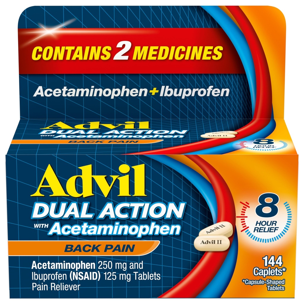 Advil Dual Action Back Pain Caplets Delivers 125mg Ibuprofen and 250mg Acetaminophen Per Dose for 8 Hours of Back Pain Relief - 144 Count