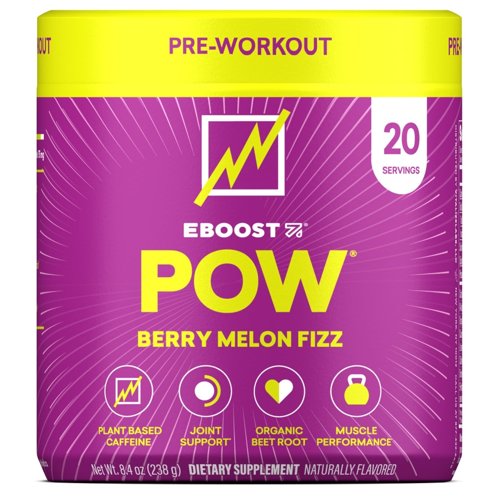 EBOOST POW Φυσική προ προπόνηση σε σκόνη - 20 σέρβις - Berry Melon Fizz - συμπλήρωμα προ προπόνησης για την απόδοση, κοινή υποστήριξη κινητικότητας, ενέργεια, εστίαση - άνδρες & γυναίκες - μη-GMO, χωρίς γλουτένη, χωρίς πλάσμα