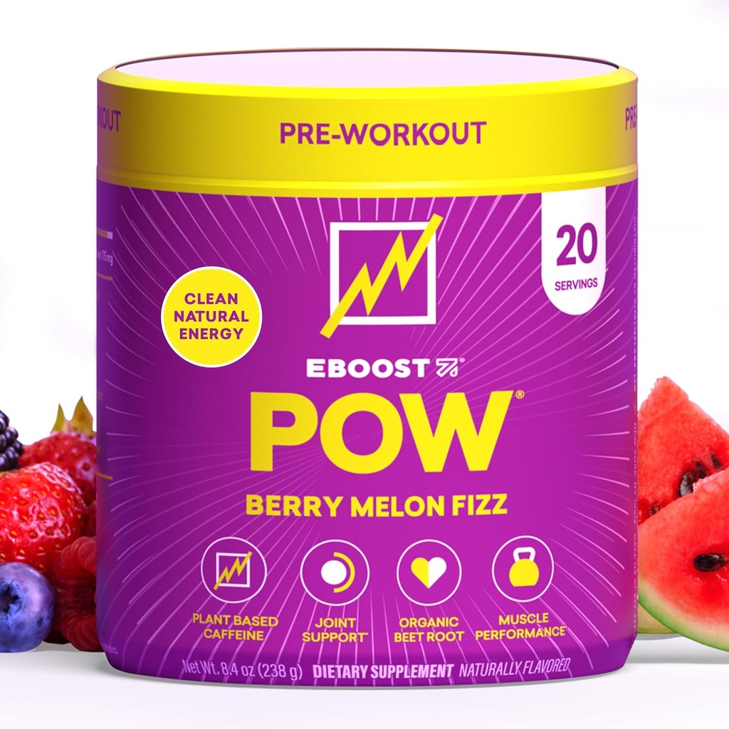 EBOOST POW Φυσική προ προπόνηση σε σκόνη - 20 σέρβις - Berry Melon Fizz - συμπλήρωμα προ προπόνησης για την απόδοση, κοινή υποστήριξη κινητικότητας, ενέργεια, εστίαση - άνδρες & γυναίκες - μη-GMO, χωρίς γλουτένη, χωρίς πλάσμα