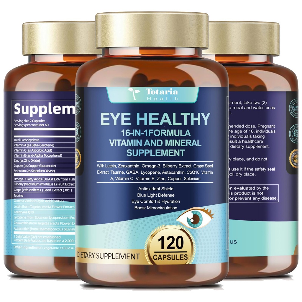 AREDS 2 Eye Vitamins and Mineral Bilberry Extract Omega-3, Eye Vitamin for Seniors Macular Health and Dry Eye, Eye Vitamins Lutein and Zeaxanthin Support Eye Strain & Hydration (120 Capsules)