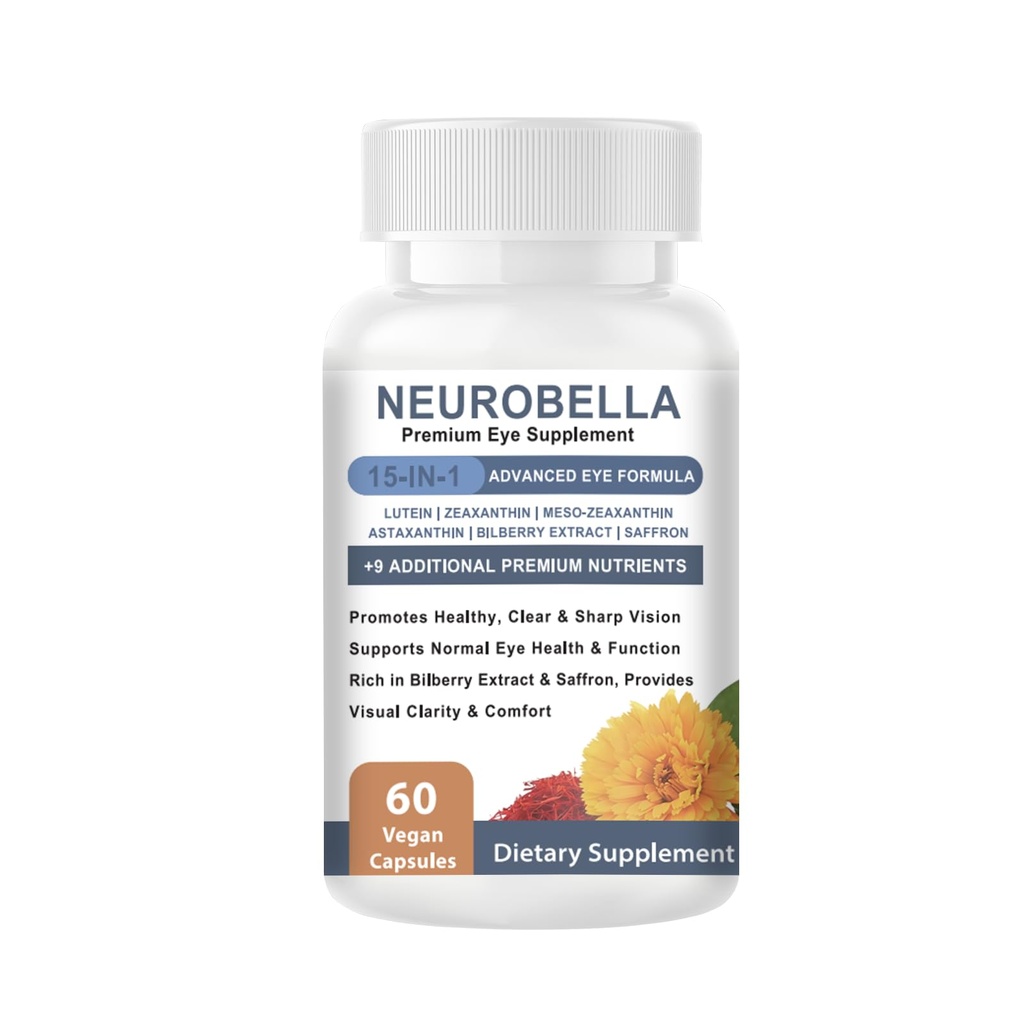Neurobella Eye Formula， 15-in-1 Eye Nutritional Support Capsules - Containing carotenoids (Lutein, zeaxanthin, etc.),Bilberry Extract and Saffron, 60 Capsules