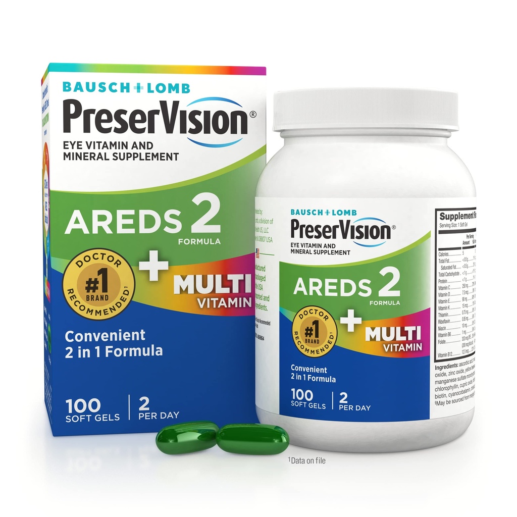 PreserVision AREDS 2 + Multivitamin, #1 Eye Doctor Recommended Brand, 2-in-1 Eye Vitamin with Lutein, Zeaxanthin, Zinc, and Vitamin C, D & E, 100 Softgels